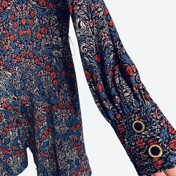 ZARA BLUE FLORAL PRINT LONG-SLEEVE BUTTON-DOWN BELTED MINI DRESS WITH POCKETS - Picture 13 of 16